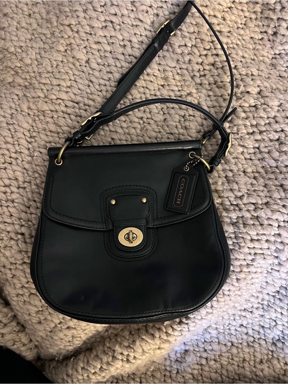 Coach Black Leather Turn-Lock Saddle Shoulder Bag with Gold Hardware